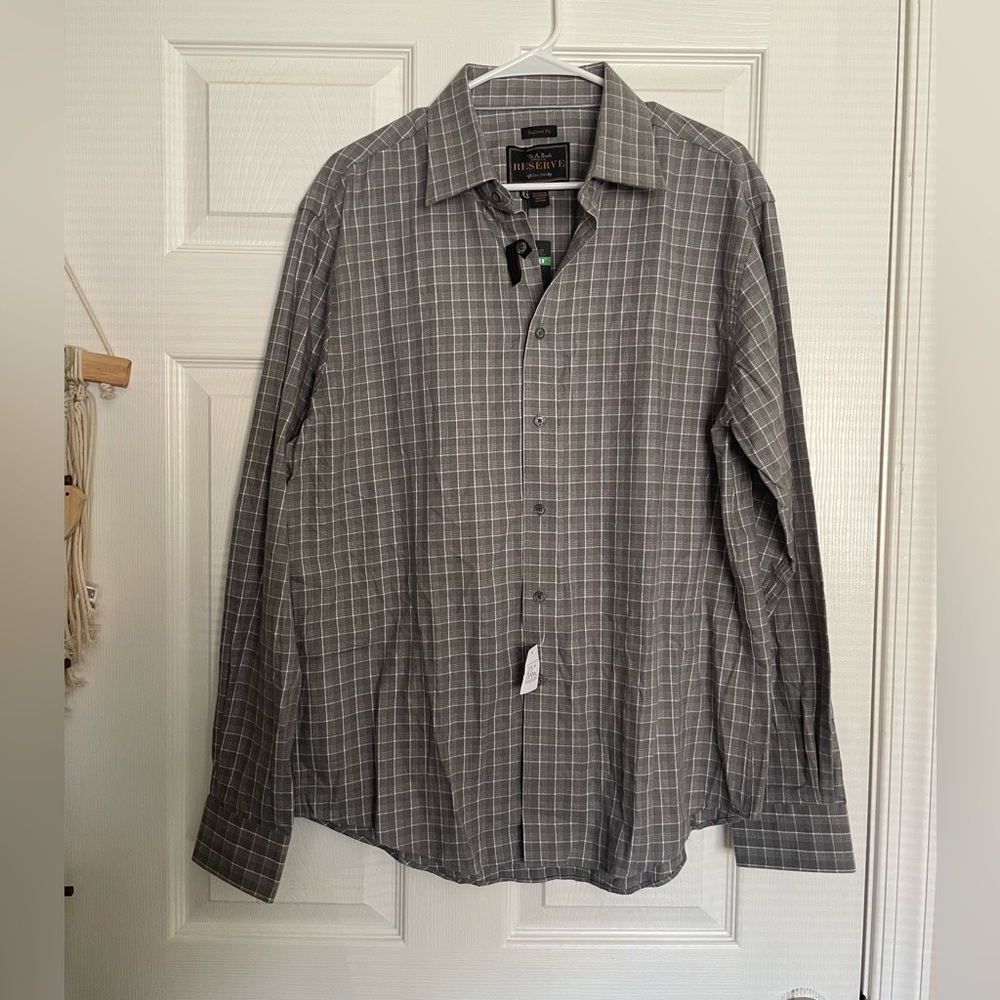NWT Jos. A. Bank Gray Plaid Tailored Fit Men's Shirt Sz L 95% Cotton 5% Cashmere